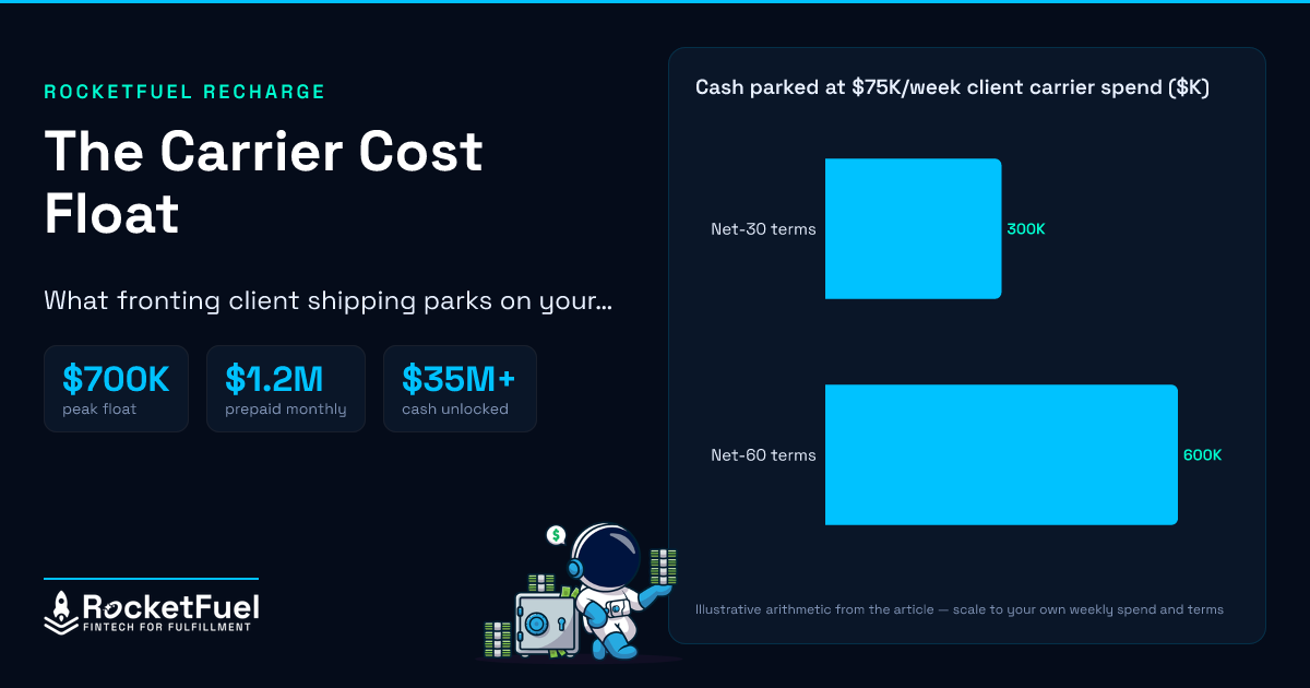 The carrier cost float — what fronting client shipping parks on your books. Key figures from the Launch Fulfillment case study: $700K floated over one peak weekend, $1.2M in monthly carrier costs flipped to prepaid, $35M+ in cash unlocked across customers. Bar chart of cash parked at $75K per week in client carrier spend: about $300K at net-30 terms, about $600K at net-60 — illustrative arithmetic from the article.